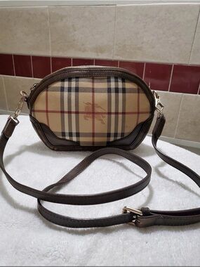 Burberry Tan and Brown Check Oval Crossbody Bag